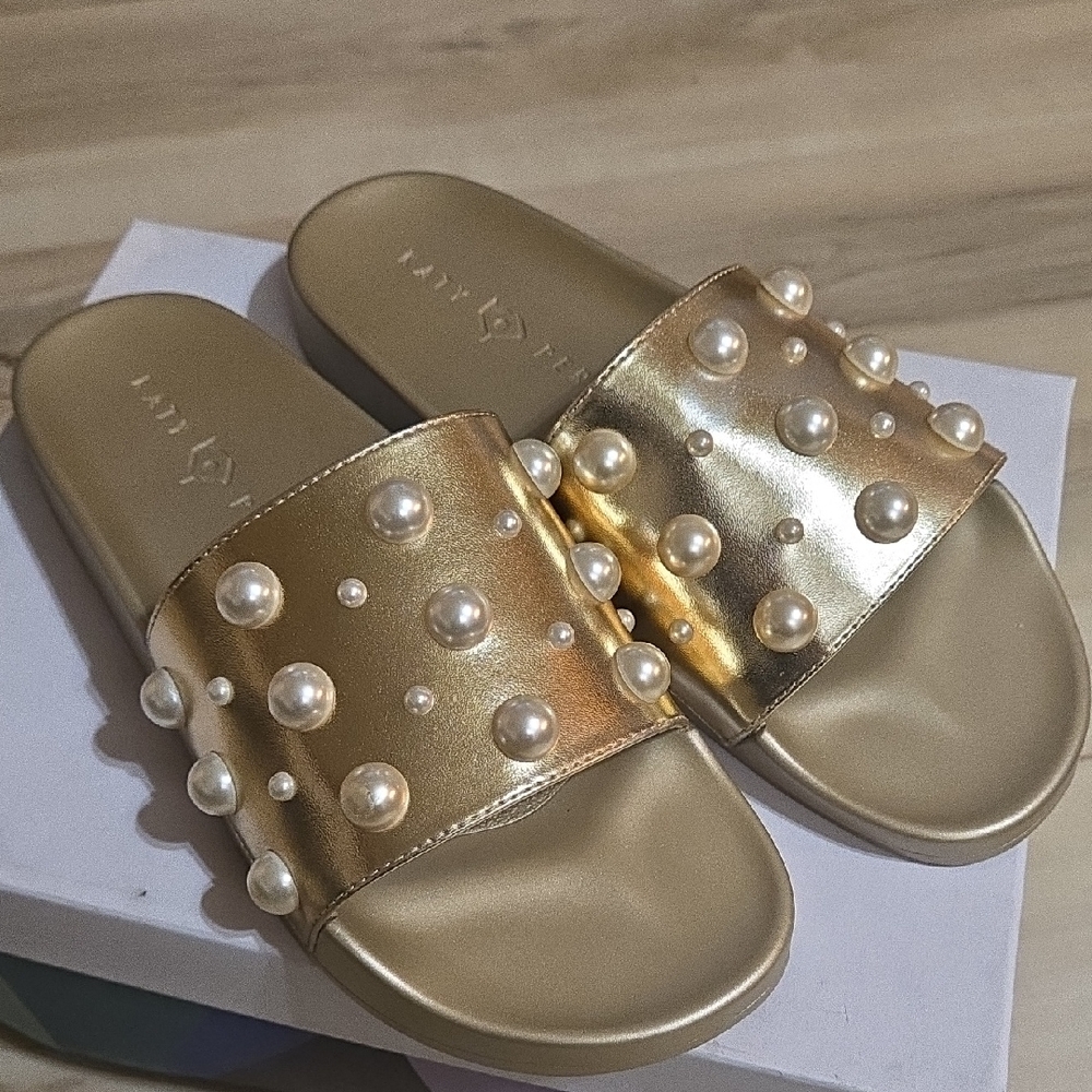 Katy Perry Collections Gold Pearl-Embellished Slide Sandals